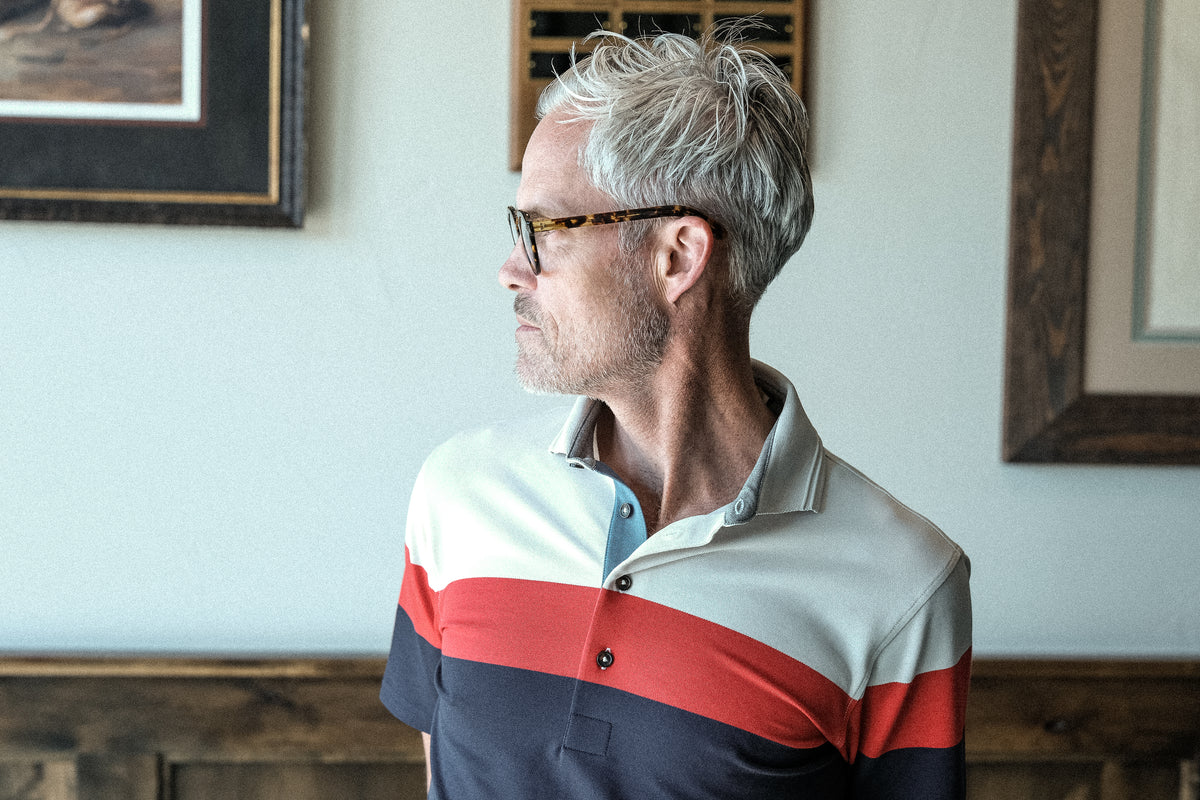 The Dunne Performance Polo - Fawn / Navy Heritage Colorblock