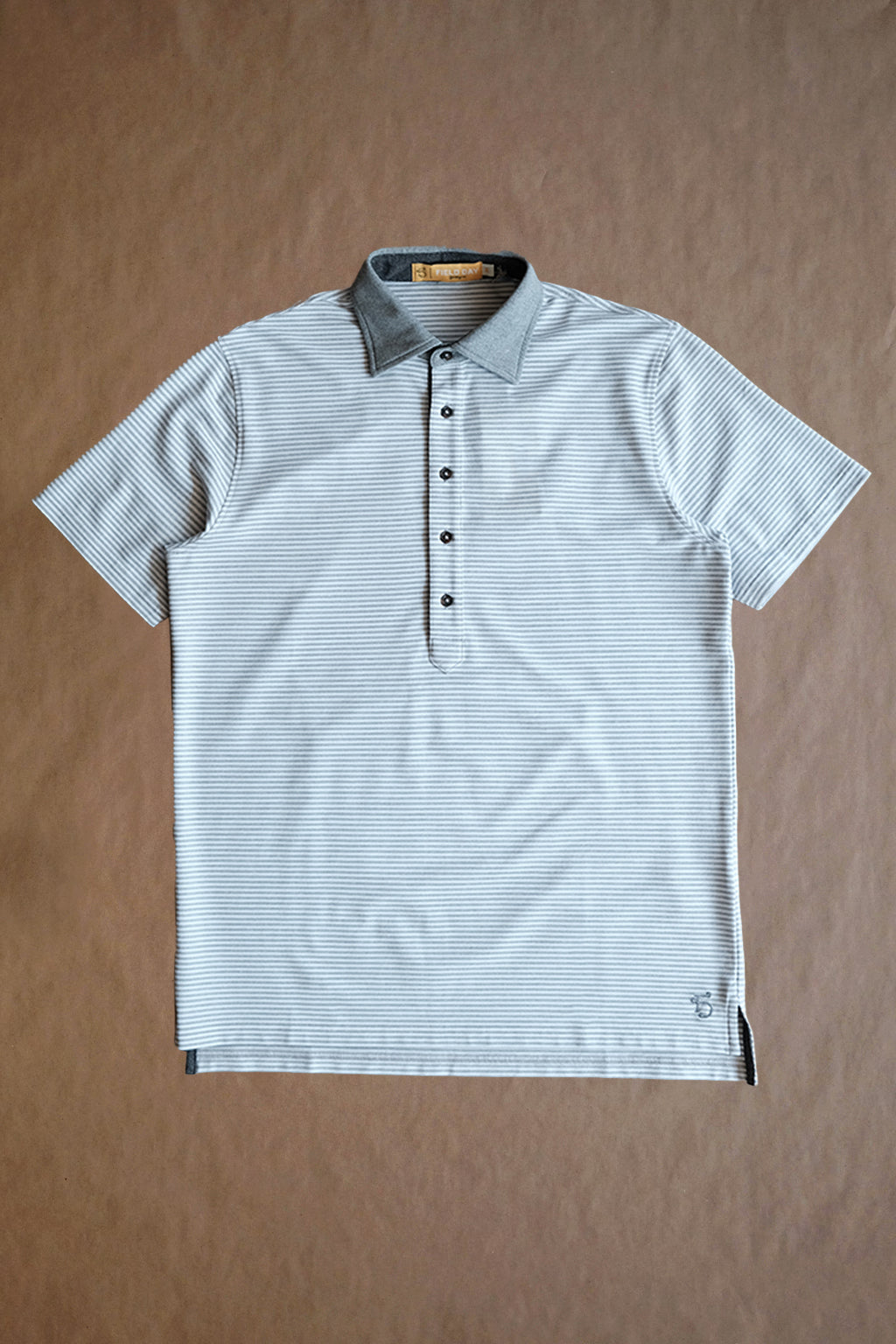 Ford 5 Button Striped Polo - Light Grey Heather/White