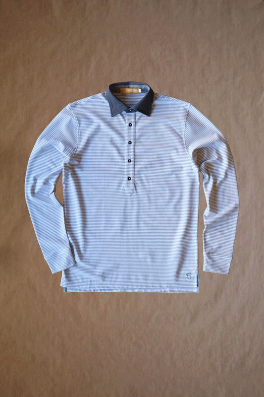 Ford 5 Button Long Sleeve Polo - Light Grey Heather/White