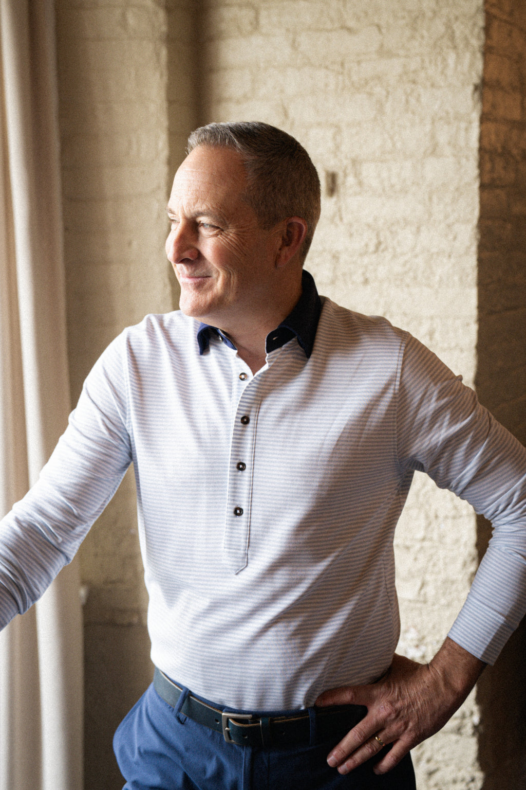 Ford 5 Button Long Sleeve Polo - Burnham Stripe