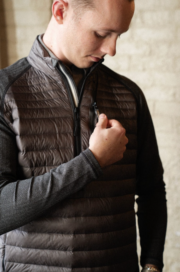 The Palmer Performance Down Pullover - Charcoal Herringbone