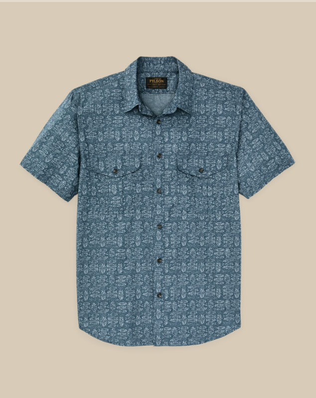 Washed Short Sleeve Feather Cloth Shirt - Blue Print