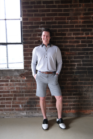 Ford 5 Button Long Sleeve Polo - Light Grey Heather/White