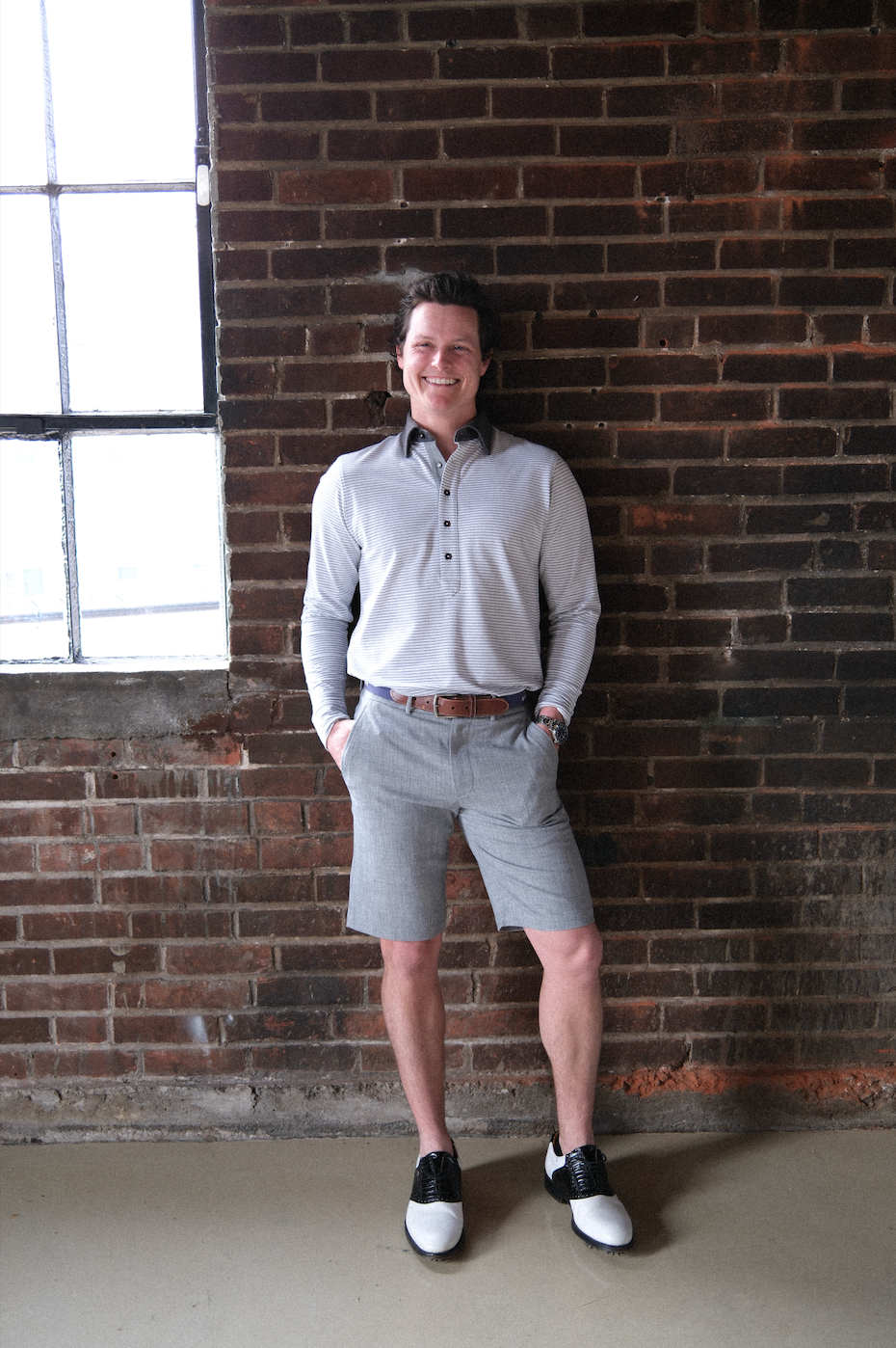 The Ford 5 Button Long Sleeve Polo - Light Grey Heather/White